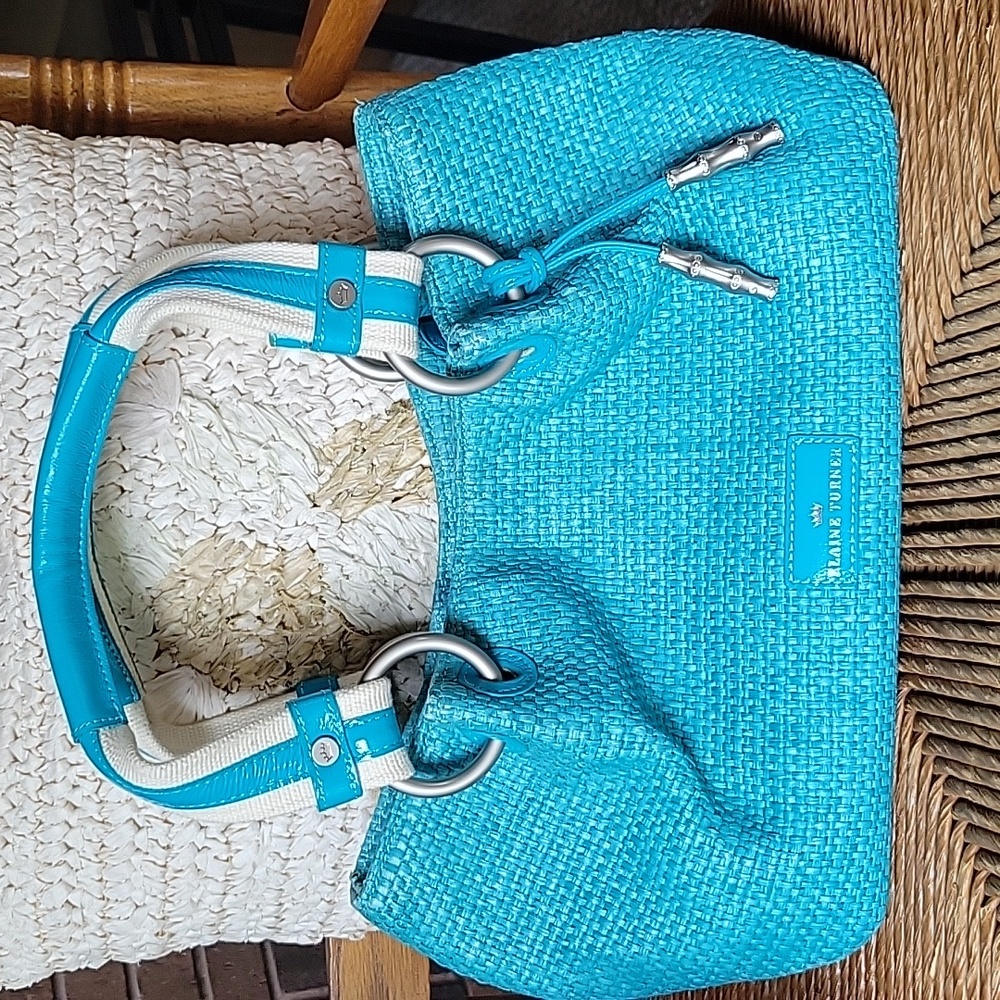 Elaine Turner, blue, straw, shoulder bag with matching clutch
